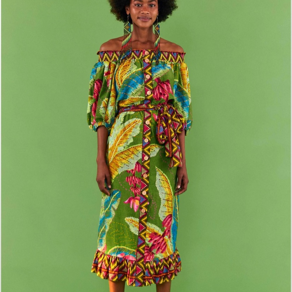 FARM RIO Banana Leaves Off The Shoulder Midi Dress (NWT)